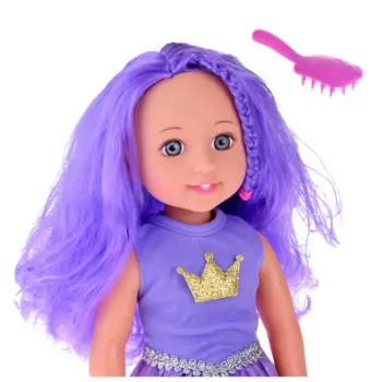 LEAN TOYS Puppe im Kleid mit Krone, langes lila Haar, Bürste, 38 cm