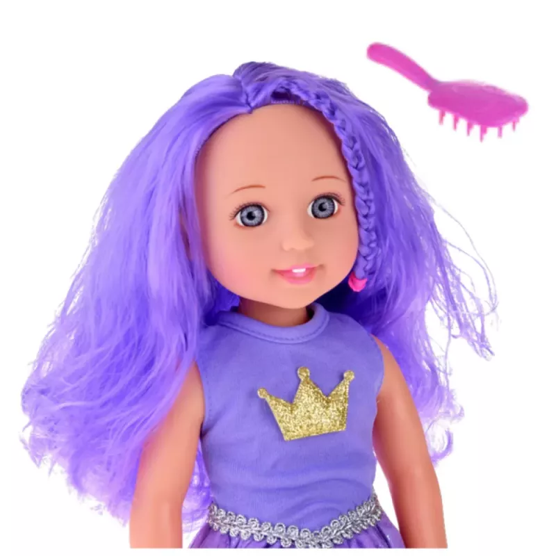LEAN TOYS Puppe im Kleid mit Krone, langes lila Haar, Bürste, 38 cm