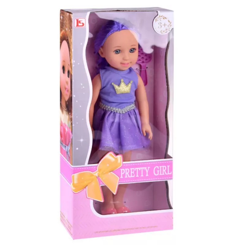 LEAN TOYS Puppe im Kleid mit Krone, langes lila Haar, Bürste, 38 cm