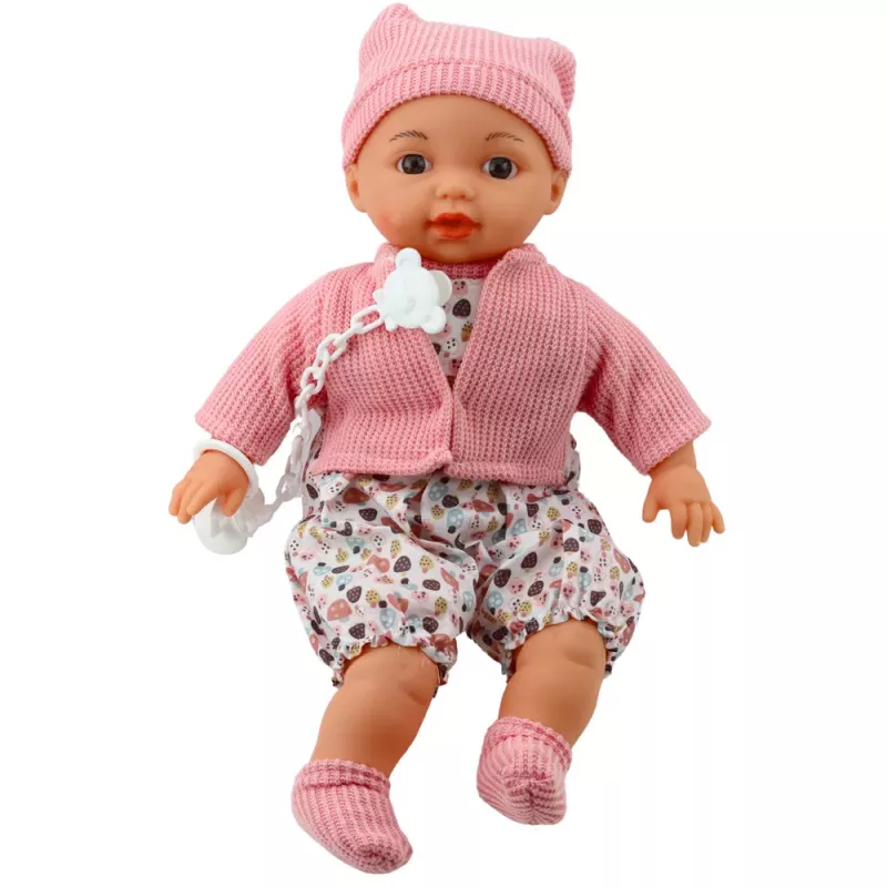 LEAN TOYS Babypuppen-Set mit Pullover, Mütze, Schnuller und Kette, Pink, 40 cm