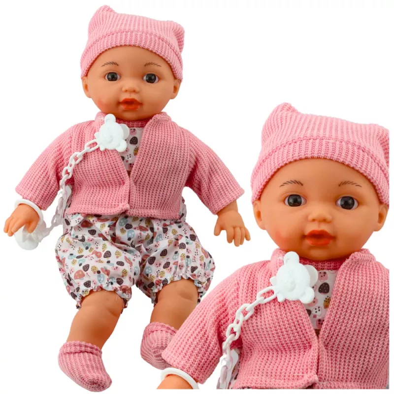 LEAN TOYS Babypuppen-Set mit Pullover, Mütze, Schnuller und Kette, Pink, 40 cm