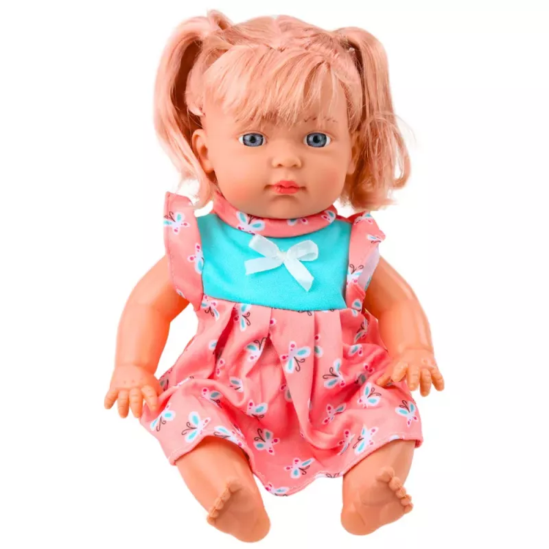 LEAN TOYS Babypuppe mit buntem Kleid, Pony, Fläschchen, Sound