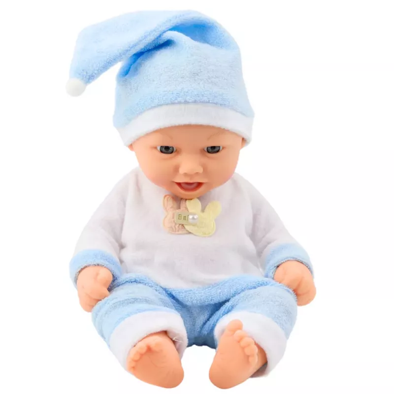 LEAN TOYS Babypuppe in blauen Schlafanzügen mit Bommelmütze 30 cm