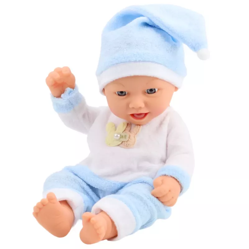 LEAN TOYS Babypuppe in blauen Schlafanzügen mit Bommelmütze 30 cm