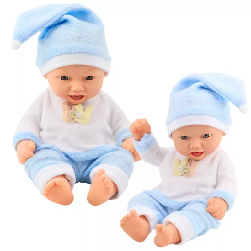 LEAN TOYS Babypuppe in blauen Schlafanzügen mit Bommelmütze 30 cm