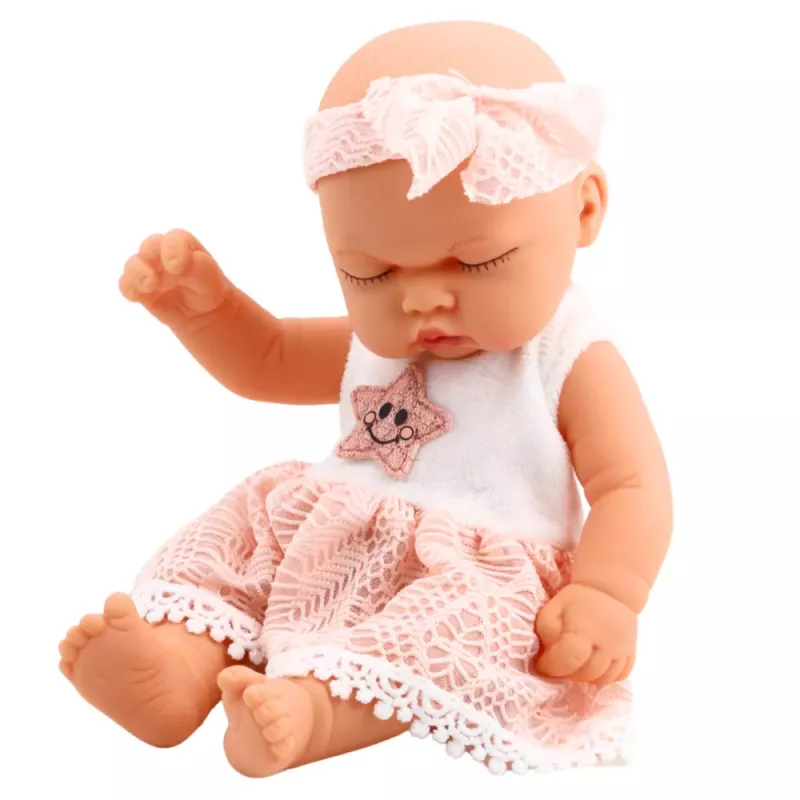 LEAN TOYS Schlafende Babypuppe mit rosa Spitzenkleid und Stirnband mit Stern