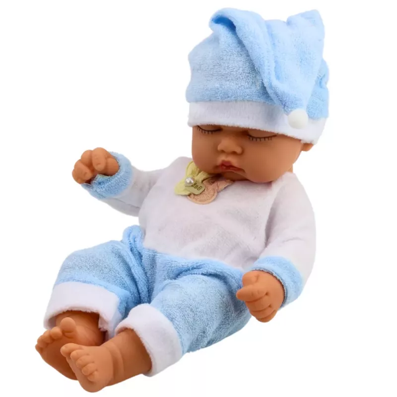 LEAN TOYS Schlafende Babypuppe in blauen Schlafanzügen mit Bommelmütze