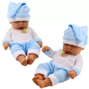LEAN TOYS Schlafende Babypuppe in blauen Schlafanzügen mit Bommelmütze