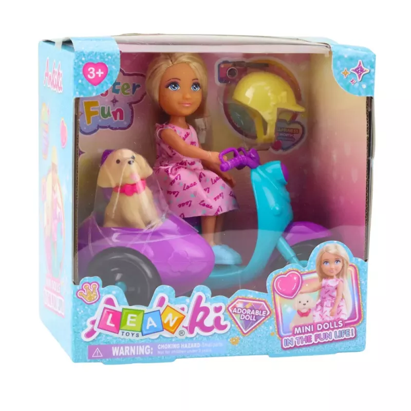 LEAN TOYS Ankiki Mini-Puppe auf Dreirad-Roller mit Hund-Set