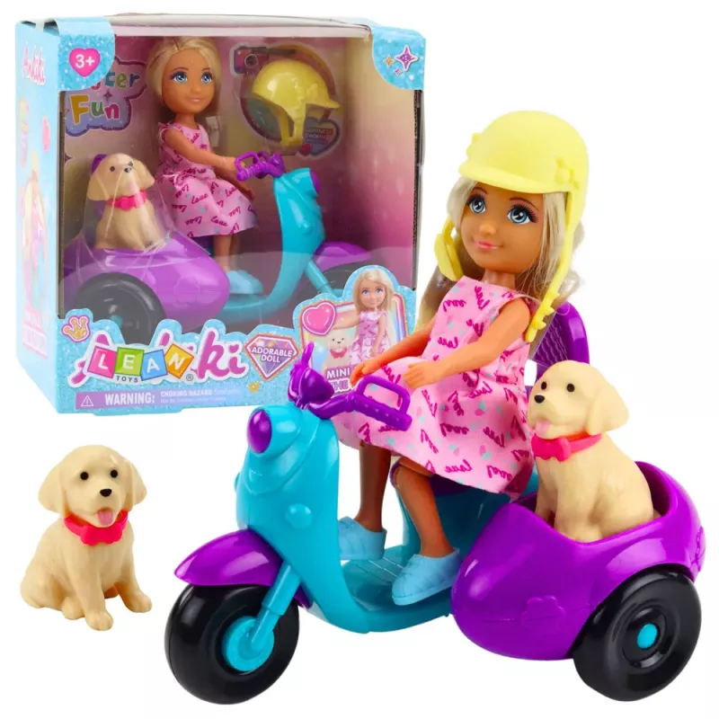 LEAN TOYS Ankiki Mini-Puppe auf Dreirad-Roller mit Hund-Set