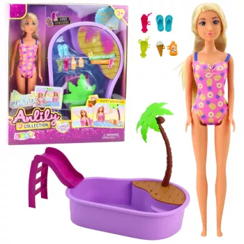 LEAN TOYS Anlily Puppen-Set am Strand Pool Palme Zubehör 8 Teile