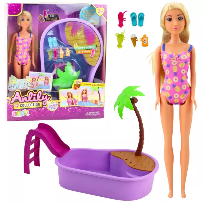 LEAN TOYS Anlily Puppen-Set am Strand Pool Palme Zubehör 8 Teile