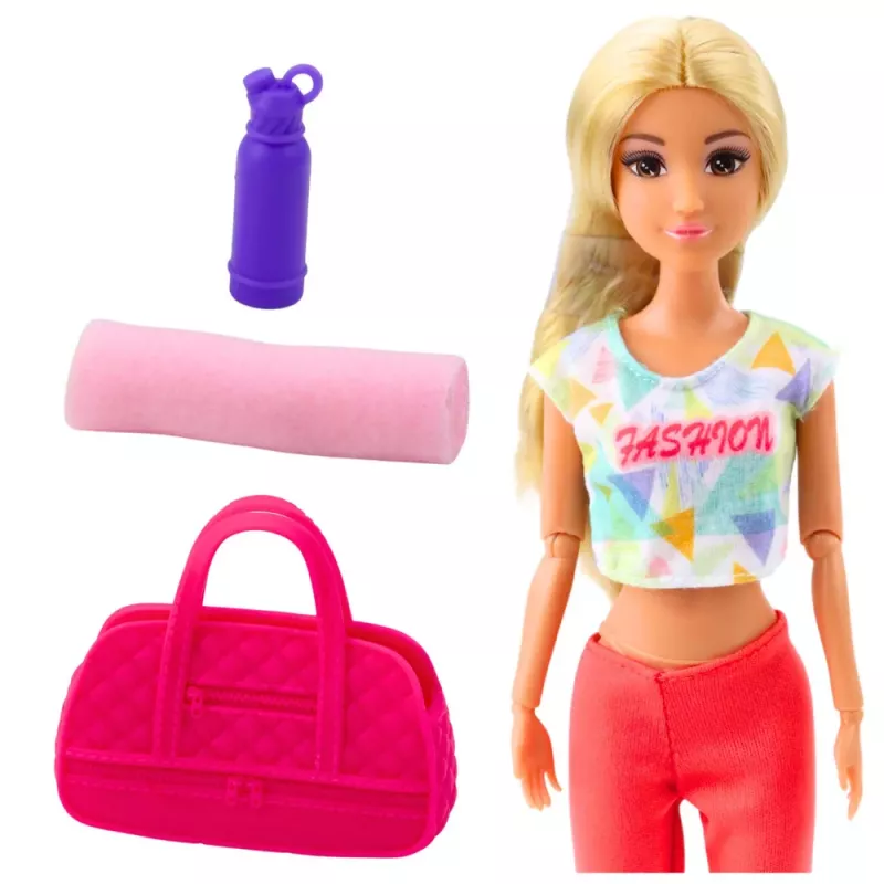 LEAN TOYS Anlily Yoga Puppe mit Yogamatte, Wasserflasche, Sporttasche, beweglichen Gliedmaßen, 29 cm, blonde Haare, blaue Augen, sportliches Outfit, für Kinder ab 3 Jahren