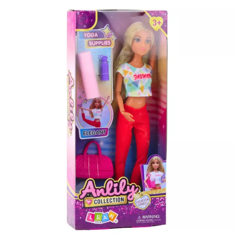 LEAN TOYS Anlily Yoga Puppe mit Yogamatte, Wasserflasche, Sporttasche, beweglichen Gliedmaßen, 29 cm, blonde Haare, blaue Augen, sportliches Outfit, für Kinder ab 3 Jahren
