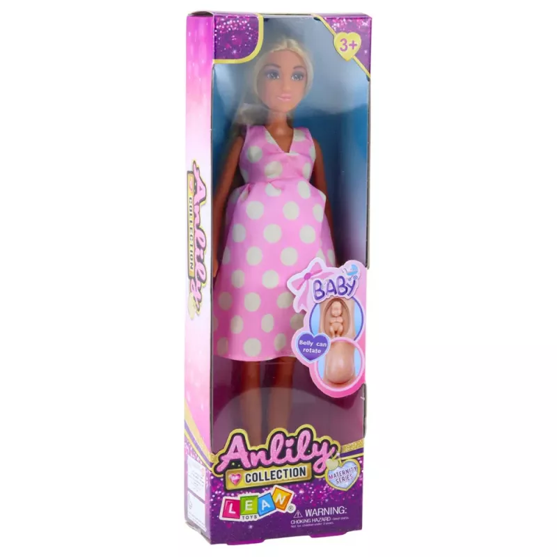 LEAN TOYS Anlily Schwangere Puppe Hellrosa Polka-Dot-Kleid Lange Haare