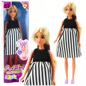 LEAN TOYS Anlily Schwangere Puppe im schwarz-weiß gestreiften Kleid Baby