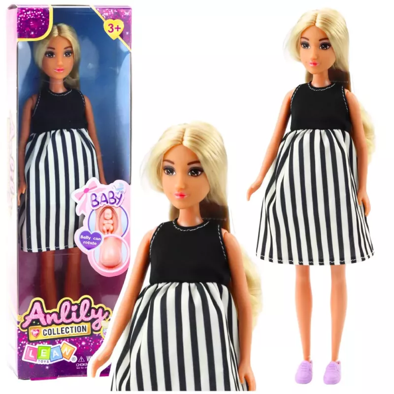 LEAN TOYS Anlily Schwangere Puppe im schwarz-weiß gestreiften Kleid Baby