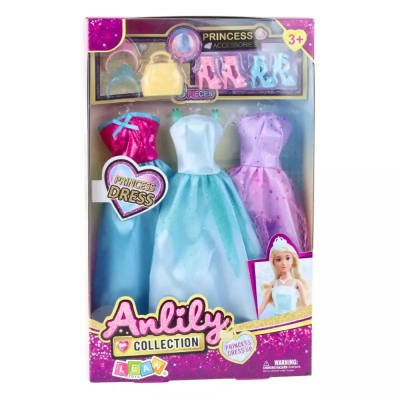 LEAN TOYS Anlily Puppenkleid-Set mit Schuhen, Handtasche, Kronen, Accessoires, 9-teilig