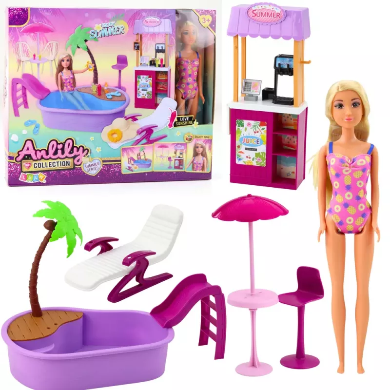 LEAN TOYS Anlily Puppen-Set am Strand mit Pool, Palme, Getränkestand und Zubehör