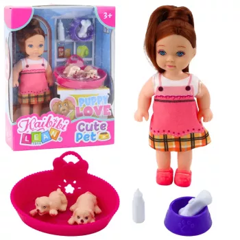 LEAN TOYS Mini Puppen-Set mit zwei Welpen, Bett, Schüssel, Flasche