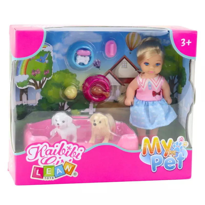 LEAN TOYS Mini Puppen-Set mit zwei Hunden, Bett, Futternapf