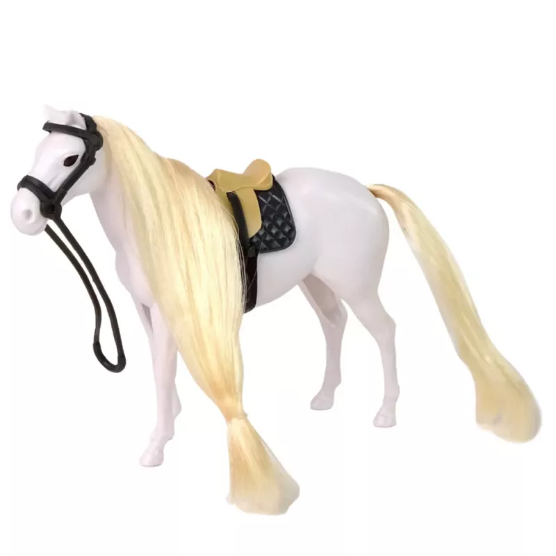 LEAN TOYS Pferd mit langer Mähne Sattel Becher Bürste Zubehör Weiß