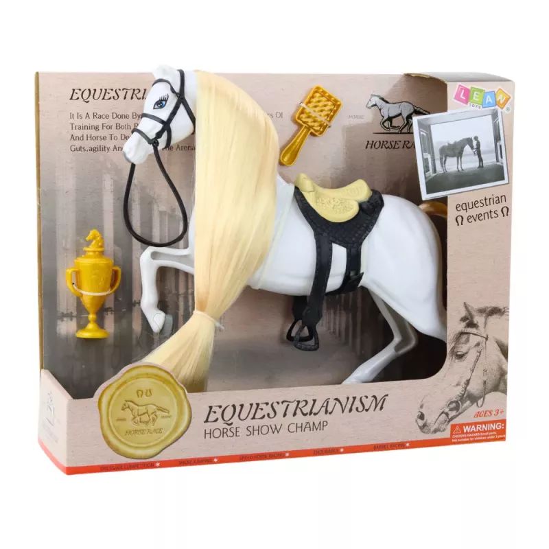 LEAN TOYS Pferd mit langer Mähne Sattel Becher Bürste Zubehör Weiß