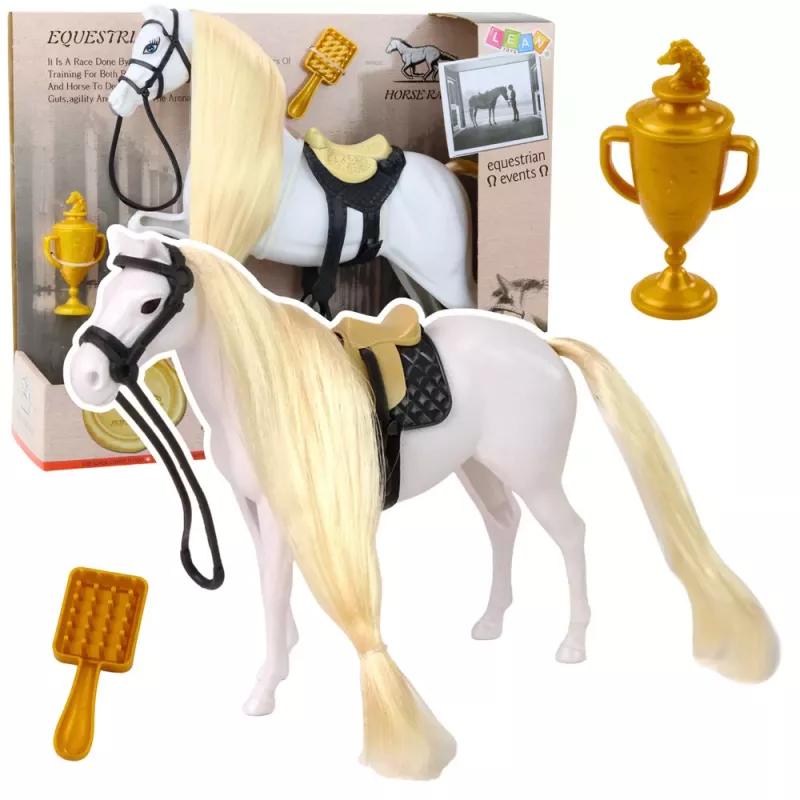LEAN TOYS Pferd mit langer Mähne Sattel Becher Bürste Zubehör Weiß