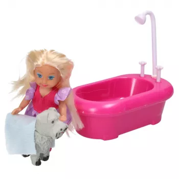 LEAN TOYS Mini-Puppenset mit Badewanne und weißem Hund Pink
