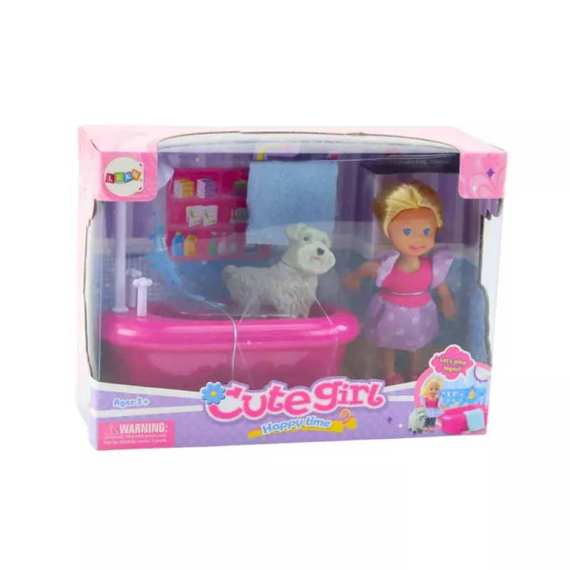 LEAN TOYS Mini-Puppenset mit Badewanne und weißem Hund Pink