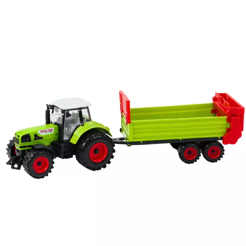LEAN TOYS Traktor mit Anhänger, Reibungsantrieb, öffnende Motorhaube, Türen, Grün