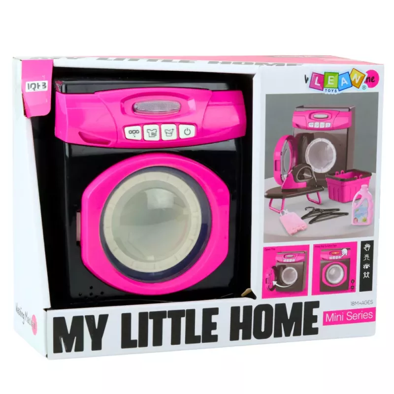 LEAN TOYS Haushaltsgeräte-Set Interaktive Waschmaschine mit Licht, Sound und Zubehör, Pink/Schwarz