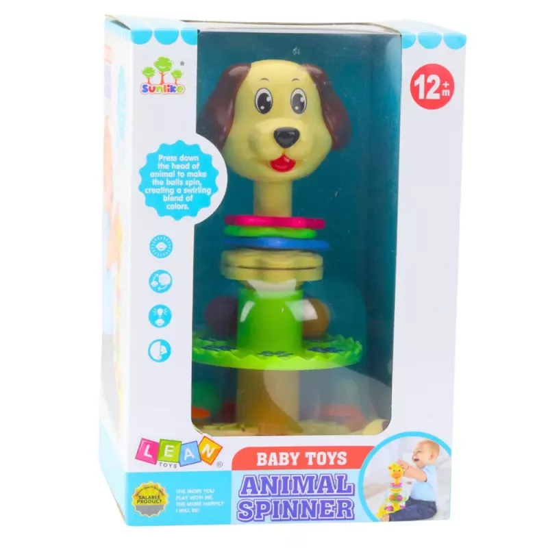 LEAN TOYS Interaktiver Kreisel für Kleinkinder - Hundemotiv mit bunten Bällen, Musik und Blinklichtern