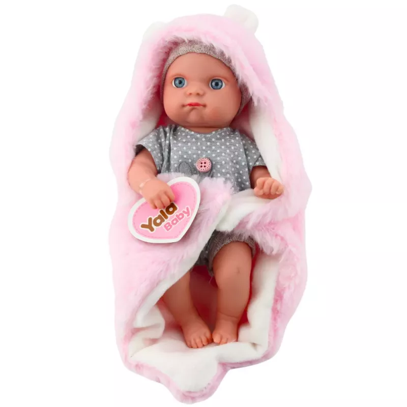 LEAN TOYS Babypuppe in grauem Schlafanzug mit rosa Hasendecke, 23 cm