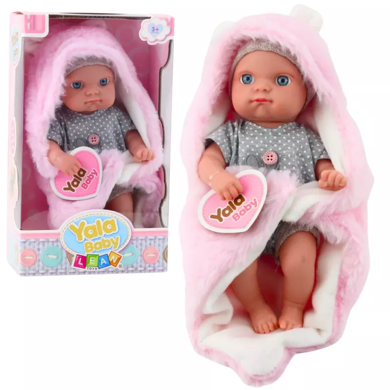 LEAN TOYS Babypuppe in grauem Schlafanzug mit rosa Hasendecke, 23 cm
