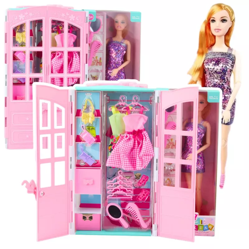 LEAN TOYS Puppenset mit Kleiderschrank-Zubehör, Kleidung, Mode, Anziehpuppe für Mädchen