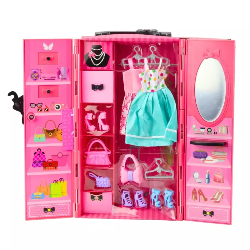 LEAN TOYS Puppe mit Kleiderschrank-Zubehör, rosa Kleider, Mode-Anziehpuppen-Set