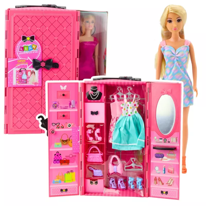 LEAN TOYS Puppe mit Kleiderschrank-Zubehör, rosa Kleider, Mode-Anziehpuppen-Set