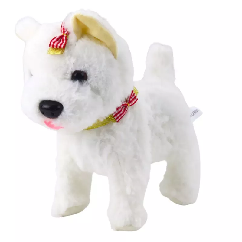 LEAN TOYS Interaktiver Hund mit Schleifen an der Leine, läuft und bellt, weiß