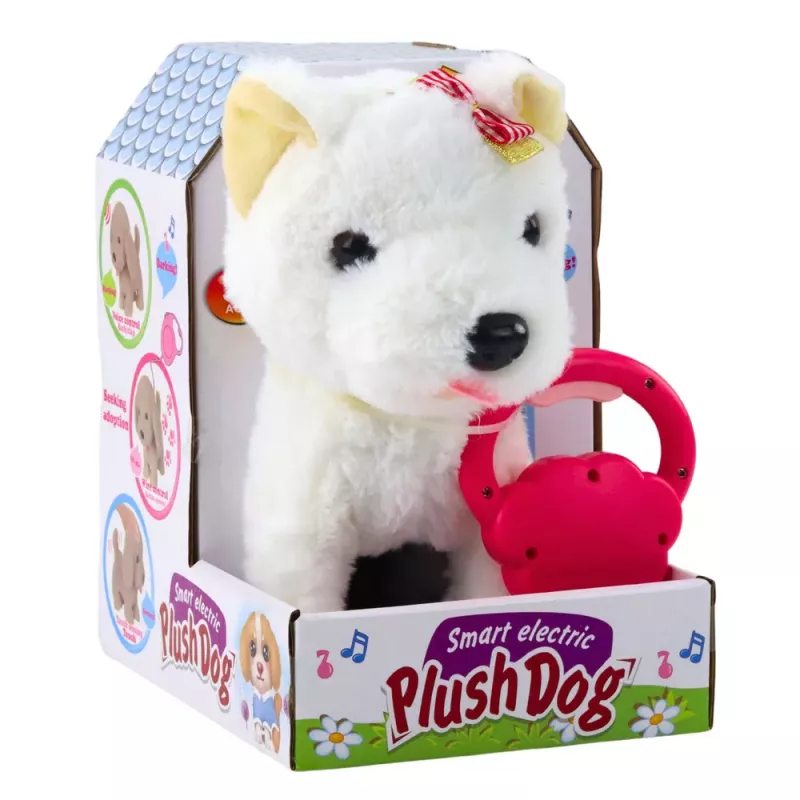 LEAN TOYS Interaktiver Hund mit Schleifen an der Leine, läuft und bellt, weiß