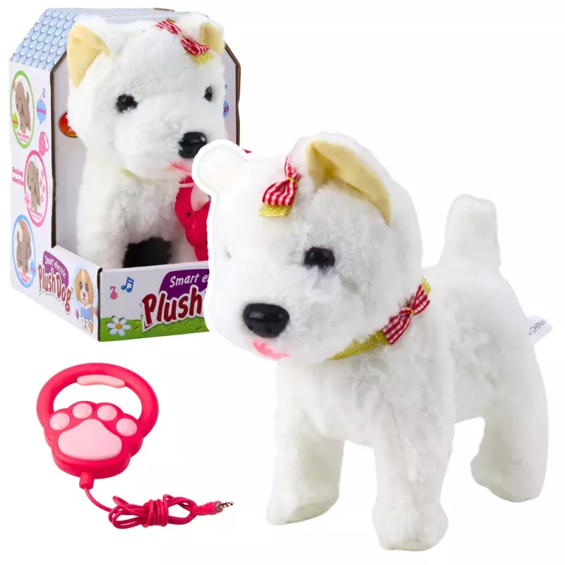 LEAN TOYS Interaktiver Hund mit Schleifen an der Leine, läuft und bellt, weiß