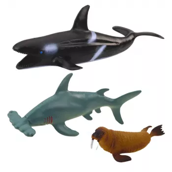 LEAN TOYS Set Meerestierfiguren: Hai, Hammerhai, Schwertwal, Seepferdchen, Hummer, Schildkröte, 6 Stück
