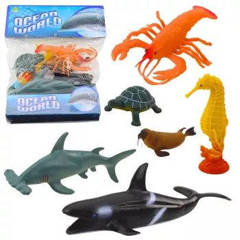 LEAN TOYS Set Meerestierfiguren: Hai, Hammerhai, Schwertwal, Seepferdchen, Hummer, Schildkröte, 6 Stück