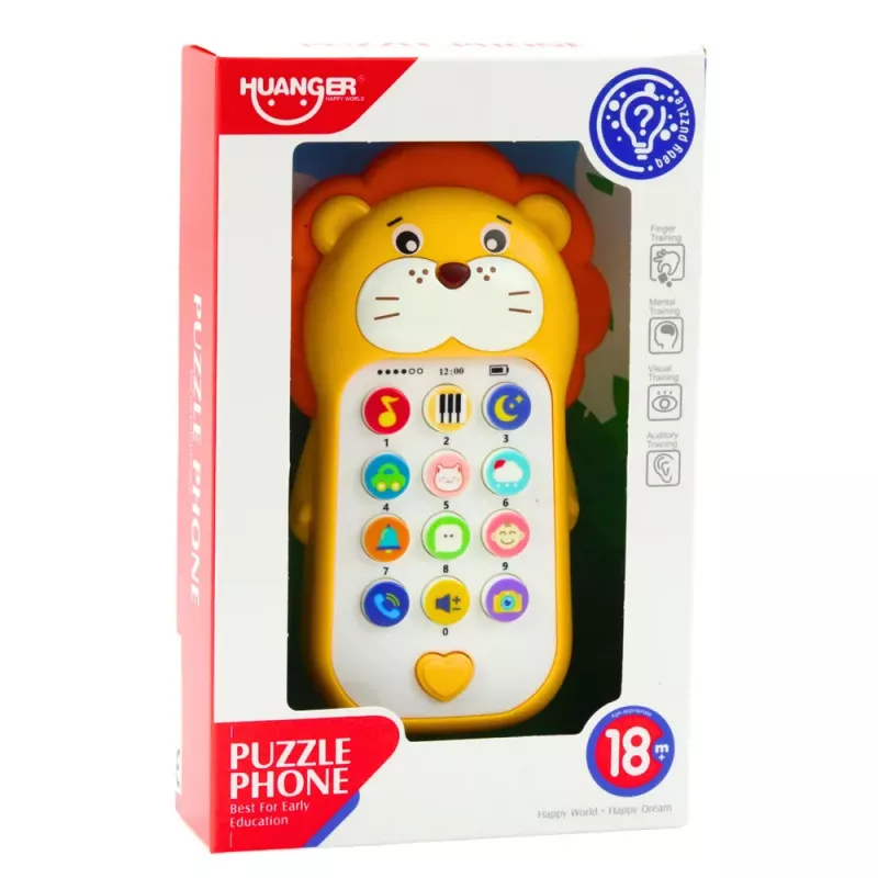 LEAN TOYS Interaktives Lernspieltelefon für Kleinkinder mit Geräuschen und Melodien, Gelber Löwe
