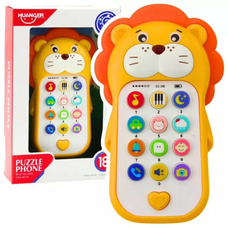 LEAN TOYS Interaktives Lernspieltelefon für Kleinkinder mit Geräuschen und Melodien, Gelber Löwe