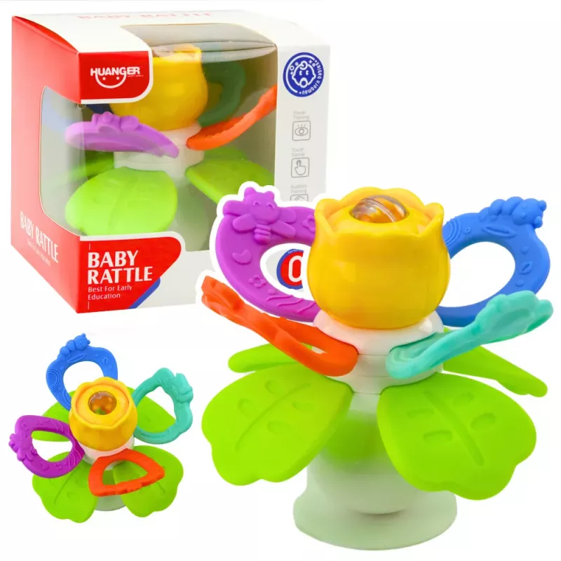 LEAN TOYS Sensorik-Spielzeug Blume rotierend mit Beißringen und Saugnapf