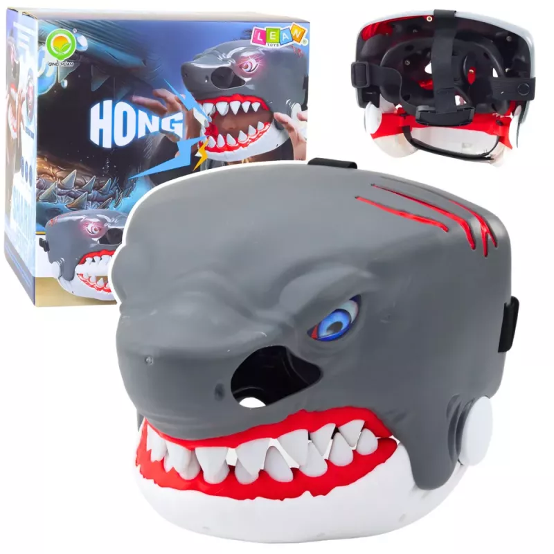 LEAN TOYS Hai-Maske mit aufklappbarem Maul, Lichtern und Geräuschen, verstellbarer Riemen