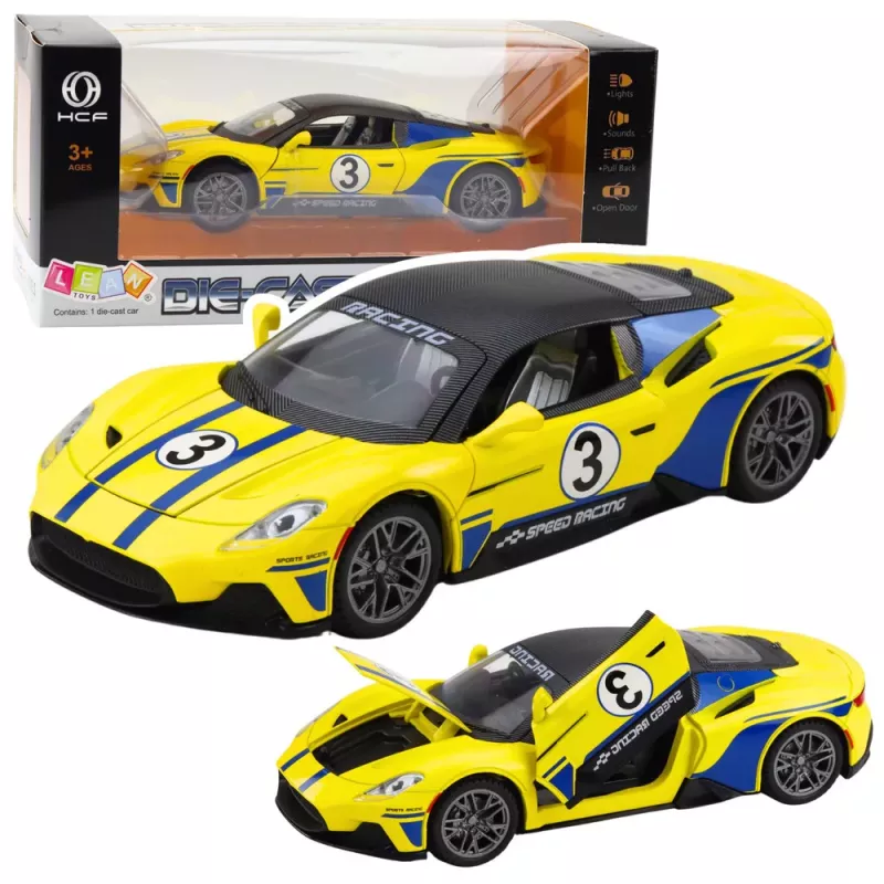 LEAN TOYS Metall-Sportwagen mit Licht und Sound, Gelb, 1:22