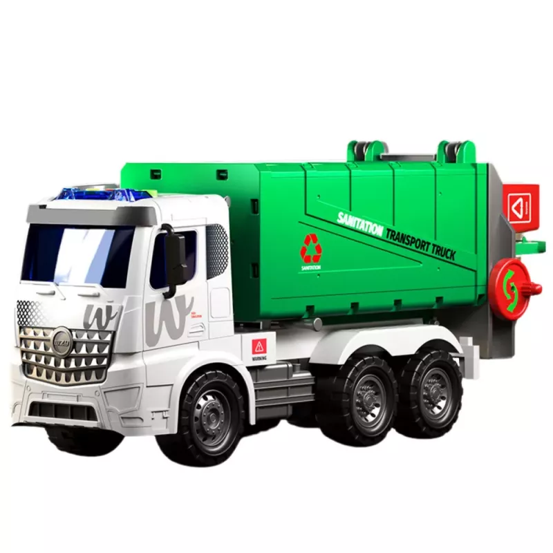 LEAN TOYS Großer Müllwagen mit Hebefunktion, 2 Behälter, Lichter, Geräusche, Grün, 1:10