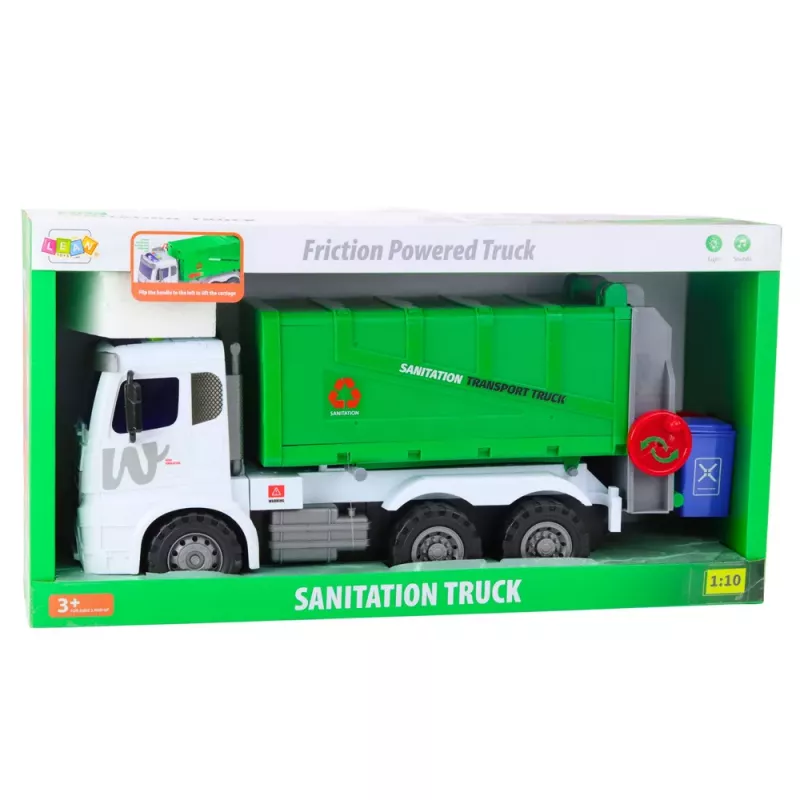 LEAN TOYS Großer Müllwagen mit Hebefunktion, 2 Behälter, Lichter, Geräusche, Grün, 1:10